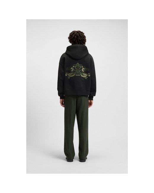 HUGO Black Cotton-Terry Hoodie With Embroidered Artwork for men