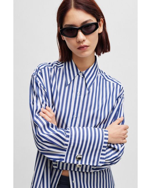 HUGO Blue Oversize-fit Blouse In Striped Cotton Poplin