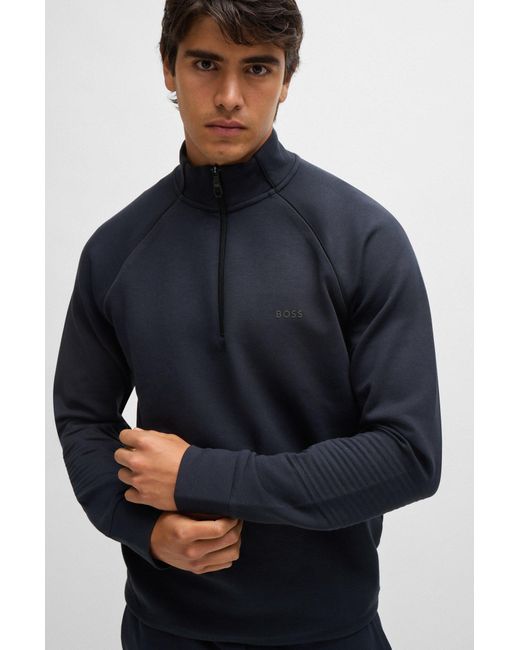 Boss Blue Stretch-cotton Zip-neck Sweatshirt With Emed Artwork for men