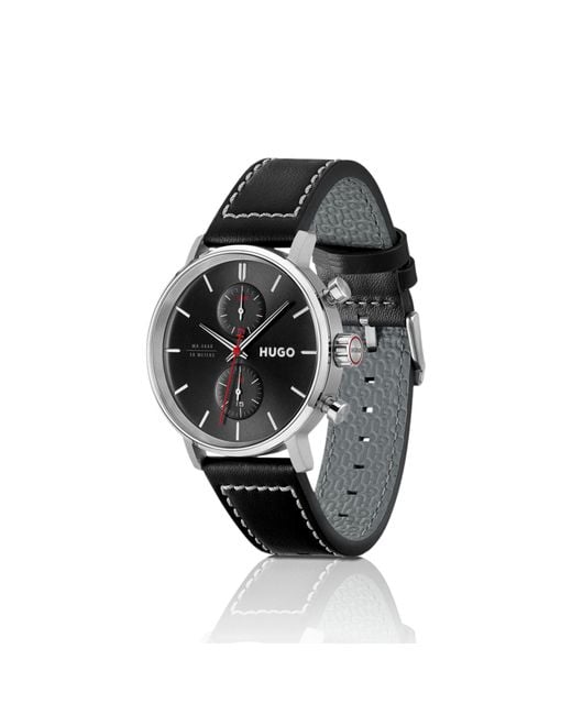 HUGO Black #Takeoff-Dial Watch With Stitched Leather Strap for men