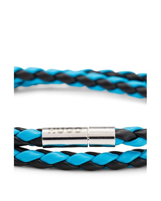 HUGO Blue Double-wrap Two-tone Cuff In Braided Italian Leather for men