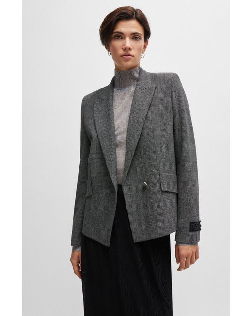 Boss Gray Regular-fit Jacket In Checked Fabric With Peak Lapels
