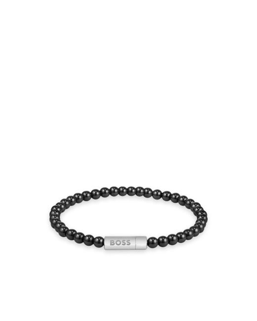 Boss Black Hematite-Bead Cuff With Logo Closure for men