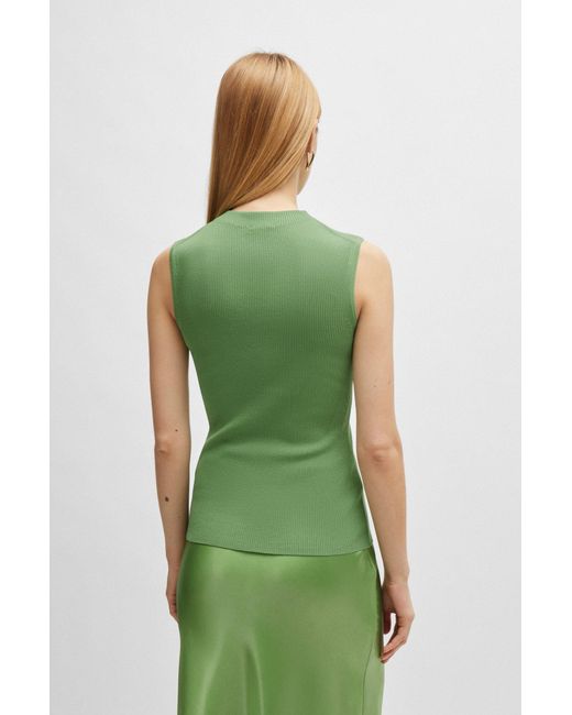 Boss Green Sleeveless Mock-neck Top With Ribbed Structure