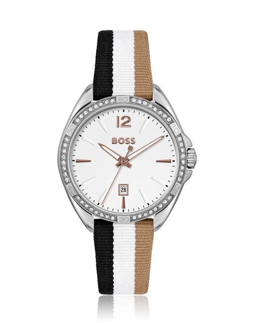 Boss White-dial Watch With Striped Strap And Crystal Accents