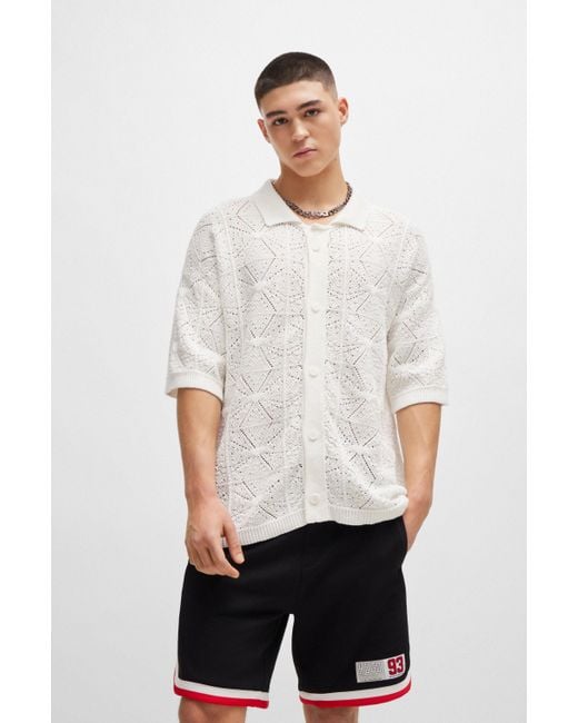 HUGO White Relaxed-fit Short-sleeved Cardigan In Crochet Cotton for men