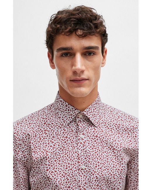 Boss Red Slim-fit Shirt In Floral-print Stretch-cotton Poplin for men