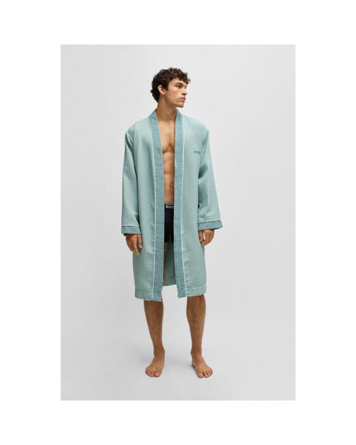 Boss Blue Honeycomb-Cotton Dressing Gown With Terry Contrasts