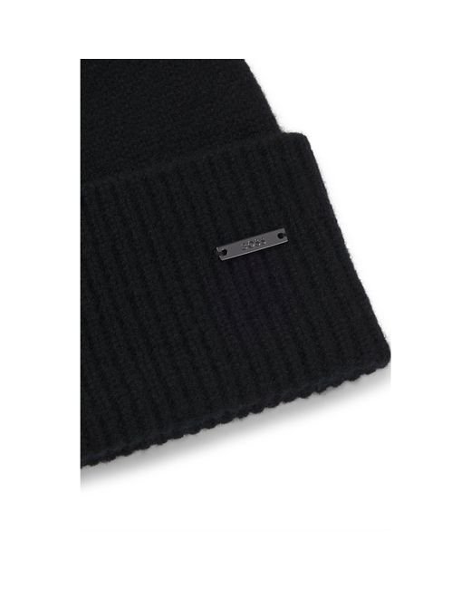 Boss Black Knitted Cashmere Beanie With Metal Logo Plaque for men