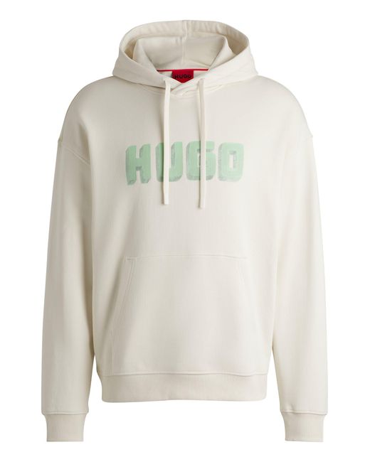 HUGO White Logo-print Hoodie In French-terry Cotton for men
