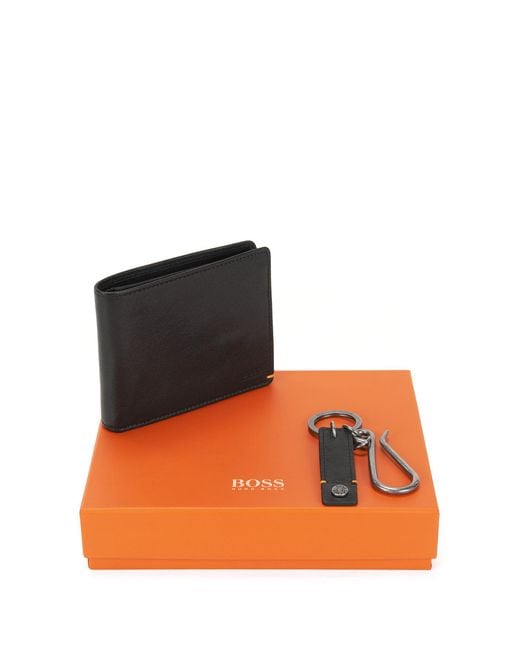 BOSS Orange Black Leather Wallet And Keyring Gift Set With Orange Stitching Detail for men