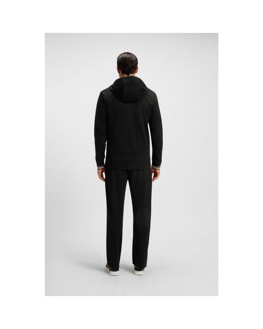 Boss Black Cotton-Blend Zip-Up Hoodie With Patterned Drawcords for men