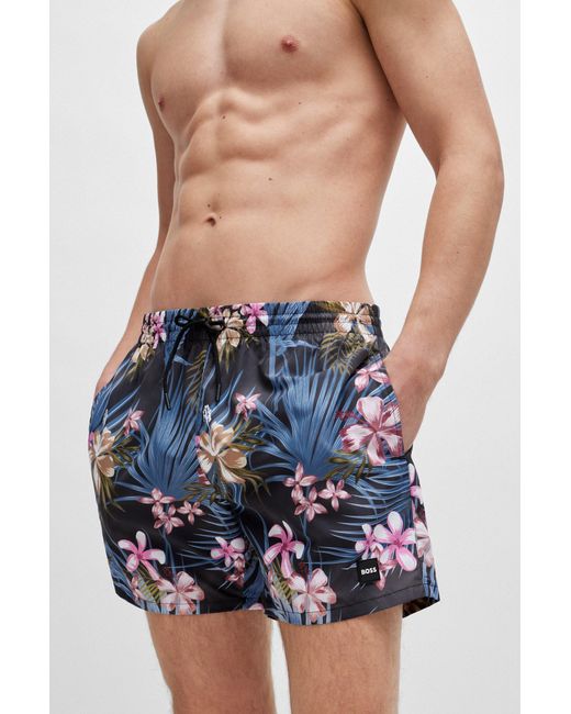 Boss Blue Tropical-print Quick-drying Swim Shorts With Logo Badge for men