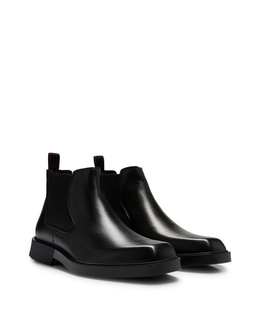 HUGO Black Leather Chelsea Boots With Signature Pull Loop for men