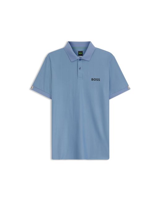 Boss Blue Active Stripe-Jersey Slim-Fit Polo Shirt With Four-Way Stretch for men