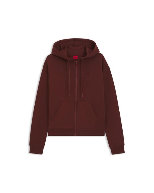 HUGO Brown Cotton-Terry Zip-Up Hoodie With Stacked-Logo Embroidery