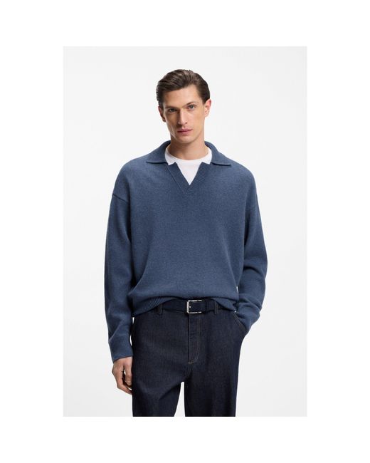 Boss Blue Virgin-Wool Sweater With Johnny Collar for men
