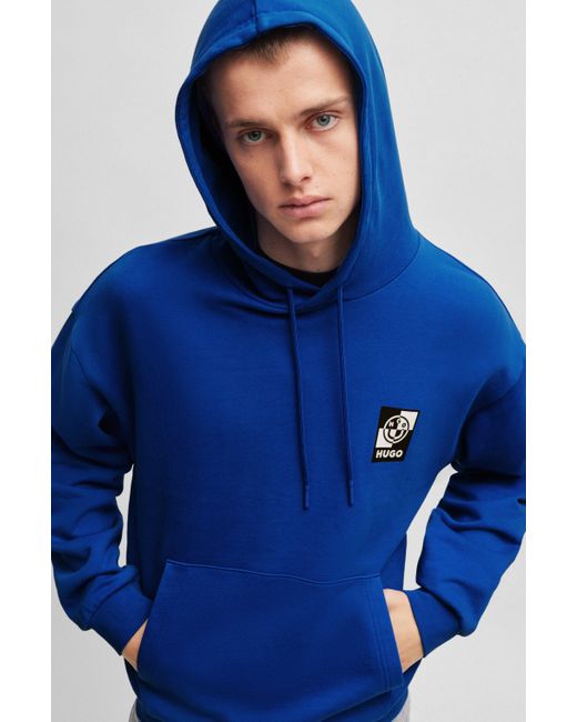 HUGO Blue Cotton-terry Hoodie With Graphic Logo Artwork for men
