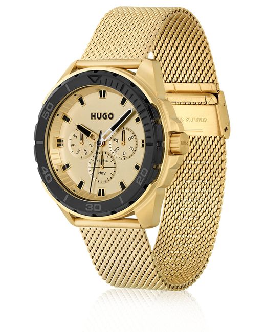 HUGO Metallic Gold-tone Watch With Mesh Bracelet for men