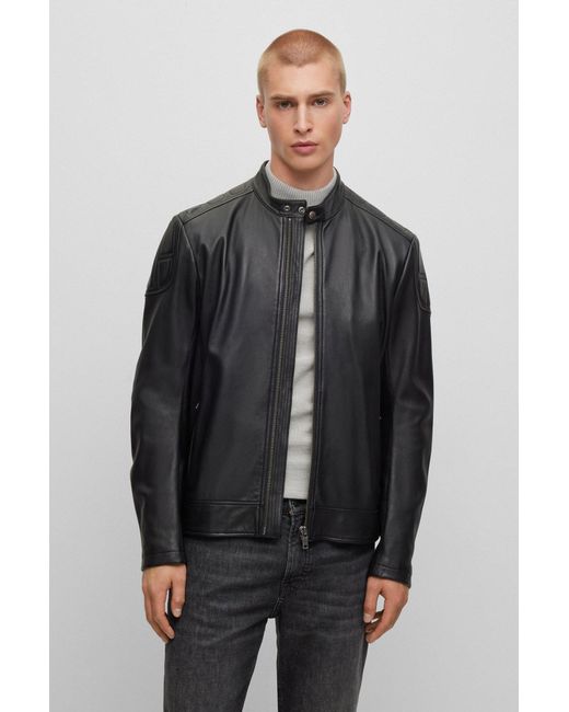 Boss Black Slim-fit Biker Jacket In Leather With Padding for men