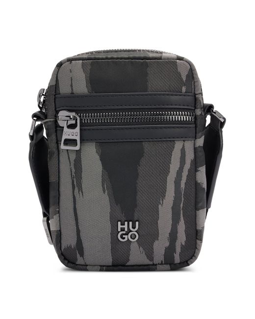 HUGO Black Stacked-logo Reporter Bag With Seasonal Pattern for men