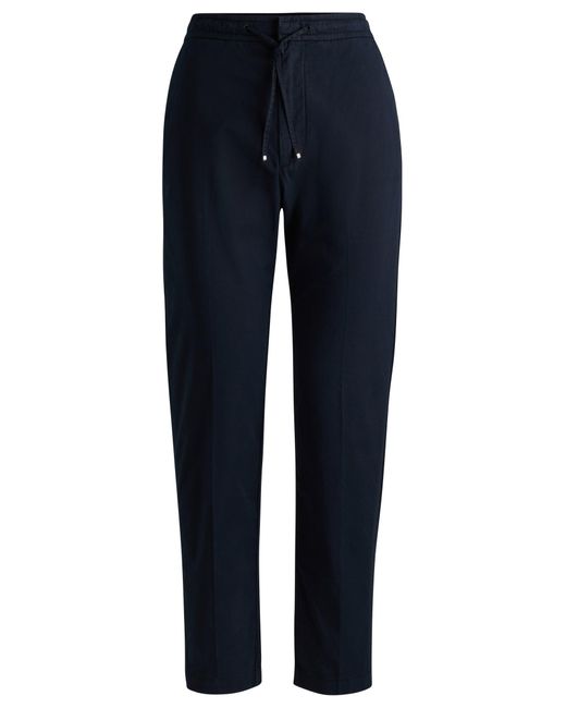 Boss Blue Stretch-cotton Trousers With Drawcord Waist