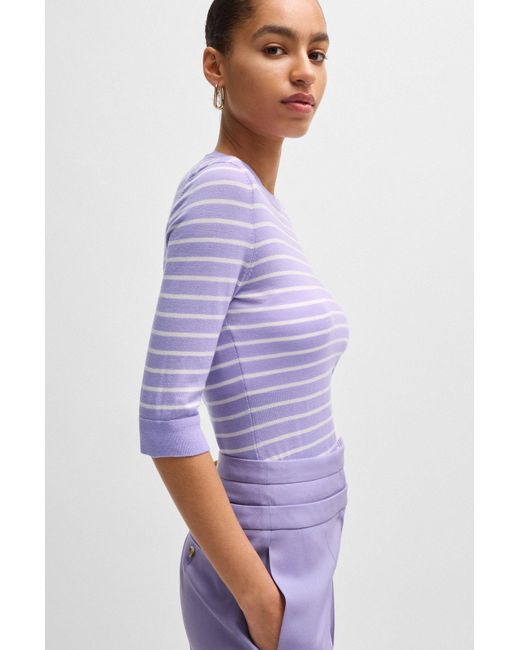 Boss Purple Merino-wool Sweater With Breton Stripes