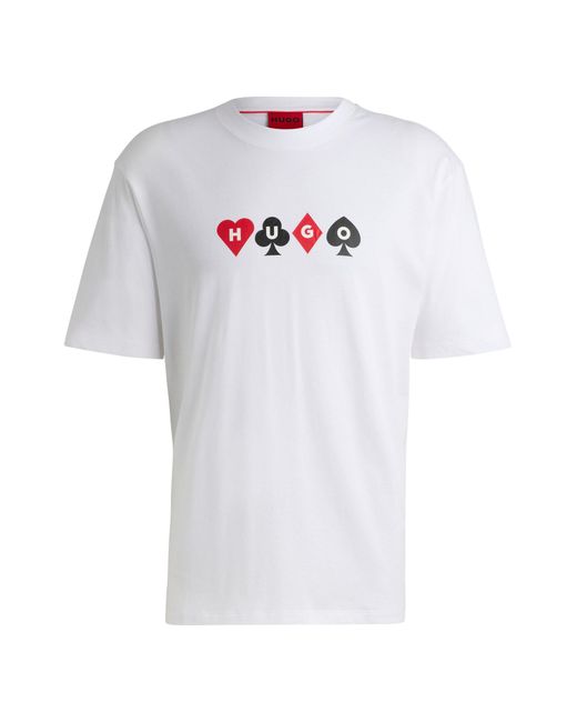 HUGO White Relaxed-fit T-shirt With Playing-card Artwork for men
