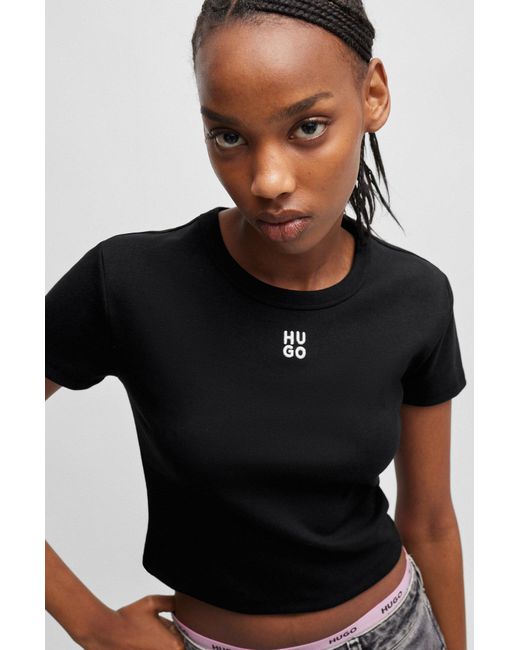 HUGO Black Cotton-blend Cropped Slim-fit T-shirt With Stacked Logo
