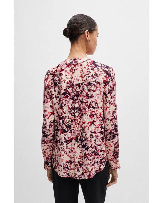 Boss Red Floral-print Blouse In Satin With Notch Neckline