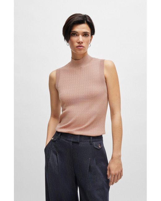 Boss Blue Cable-knit Sleeveless Top In Silk And Cotton
