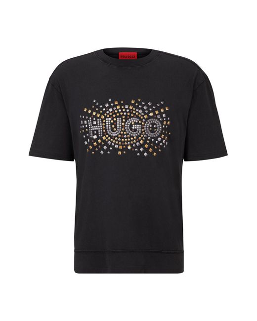 HUGO Black Cotton-jersey T-shirt With Stud-effect Artwork for men