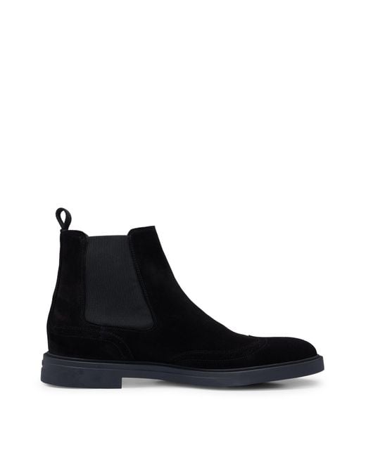 Boss Black Suede Chelsea Boots With Brogue Details for men