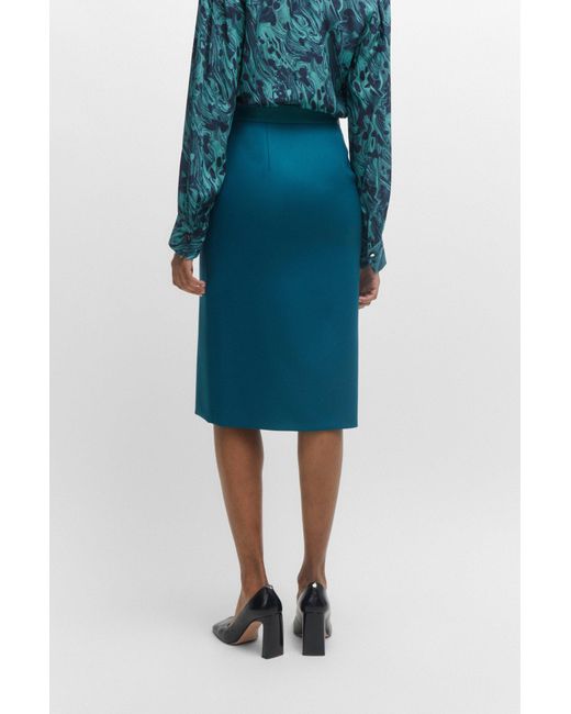 Boss Blue Pencil Skirt In Wool Twill With Faux-leather Trims