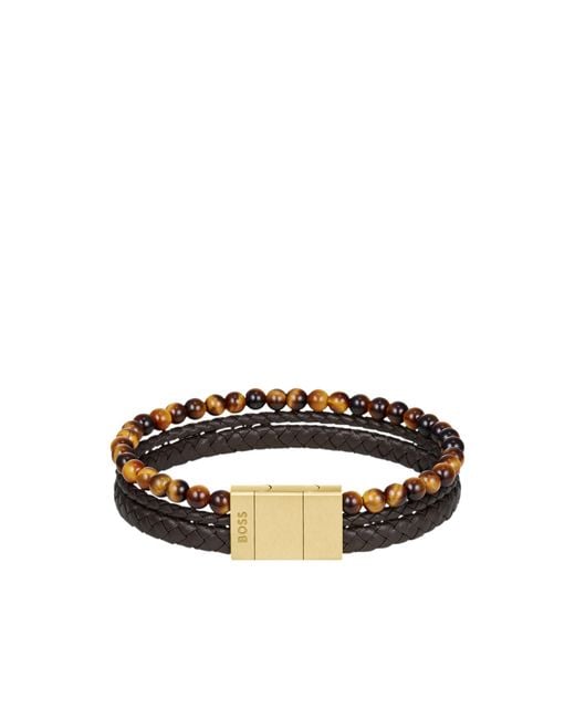 Boss Metallic Cuff With Tiger Beads And Braided Leather for men