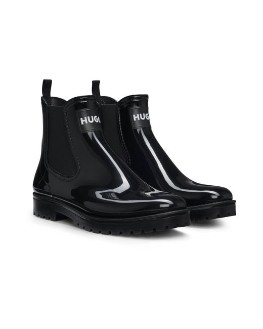 HUGO Glanzende Regenlaarzen Met Elastiek En Logopatch in het Black