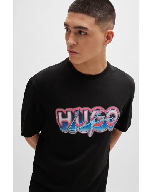 HUGO Black Cotton-jersey T-shirt With Logo Graphic for men