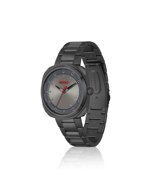 HUGO Gray Plated Watch With Link Bracelet for men