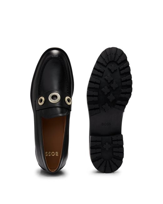 Boss Black Leather Moccasins With Eyelet Details