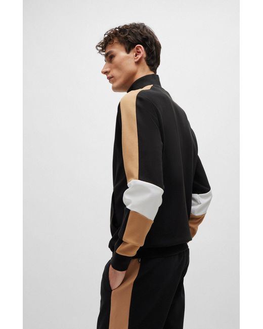 Boss Black Cotton-blend Zip-up Sweatshirt With Colour-blocking for men