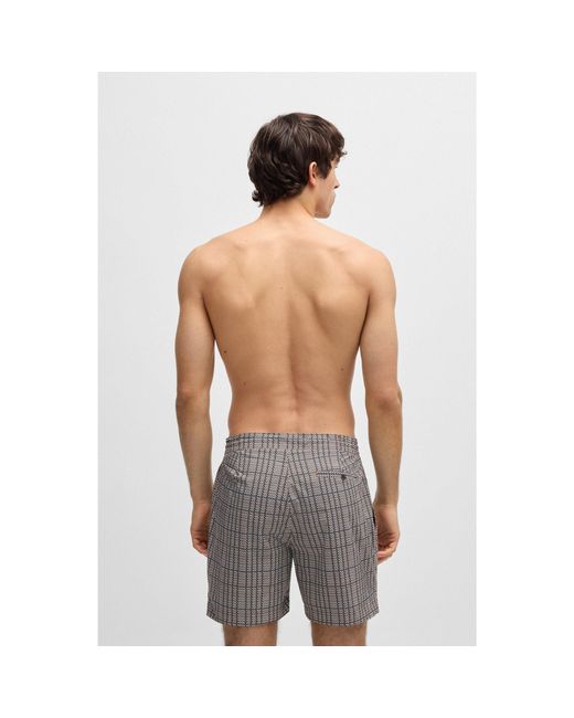 Boss Gray Micro-Print Swim Shorts With Logo Badge for men