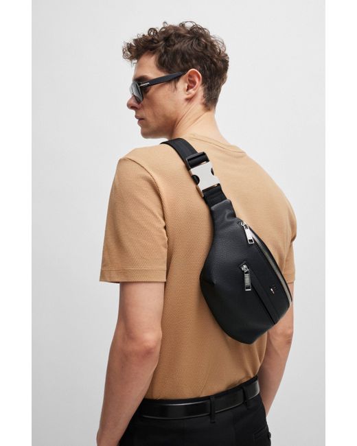 Boss Black Grained Faux-leather Belt Bag With Signature Stripe Logo for men
