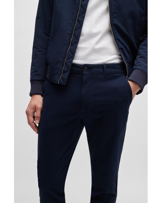 Boss Blue Slim-fit Trousers In A Structured Cotton Blend for men