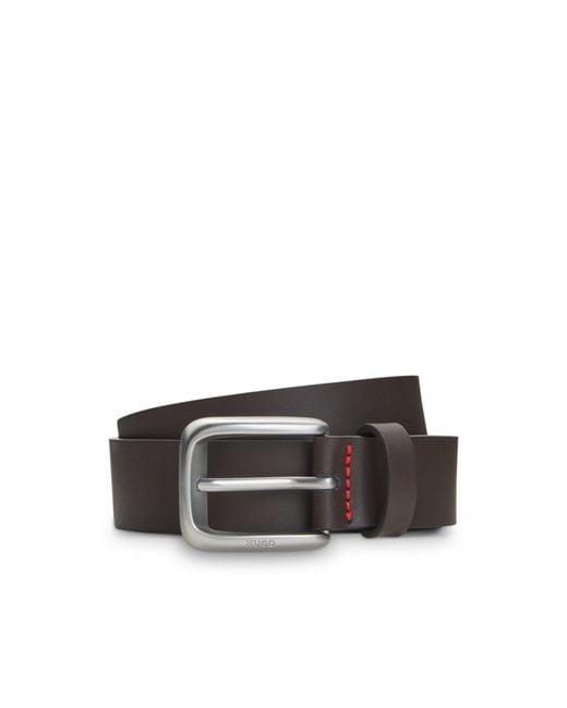 HUGO Black Leather Business Belt With Logo-Engraved Buckle for men