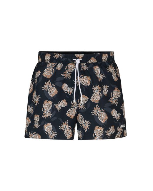 Boss Blue Fully Lined Swim Shorts With Pineapple Motif for men