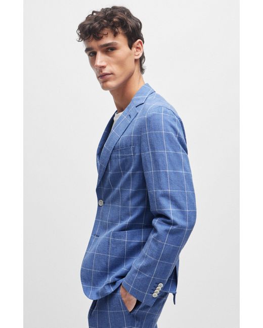 Boss Blue Slim-fit Two-piece Suit In Checked Material for men