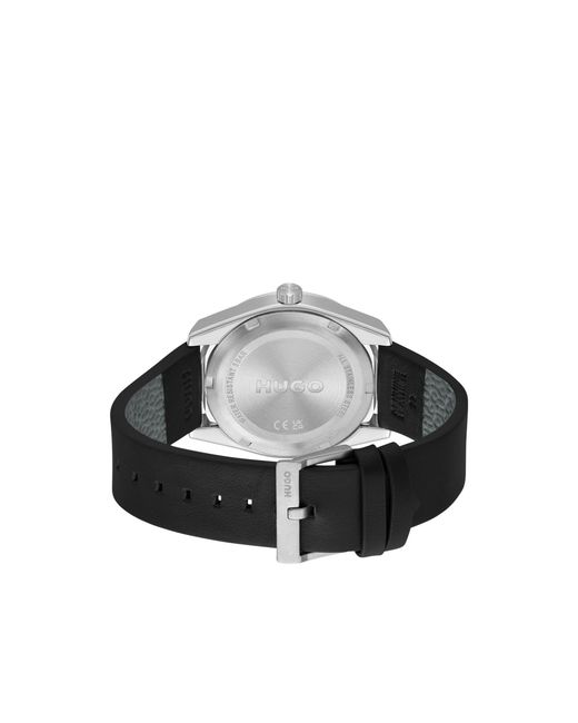 HUGO Black Leather-Strap Watch With Brushed Dial for men