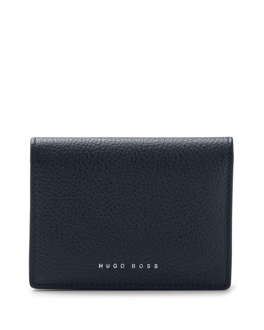 Boss Blue Grained-leather Folding Card Holder With Metallic Logo