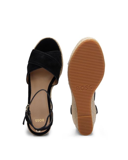 Sandales compensées en cuir suédé avec bride cheville Boss en coloris Black