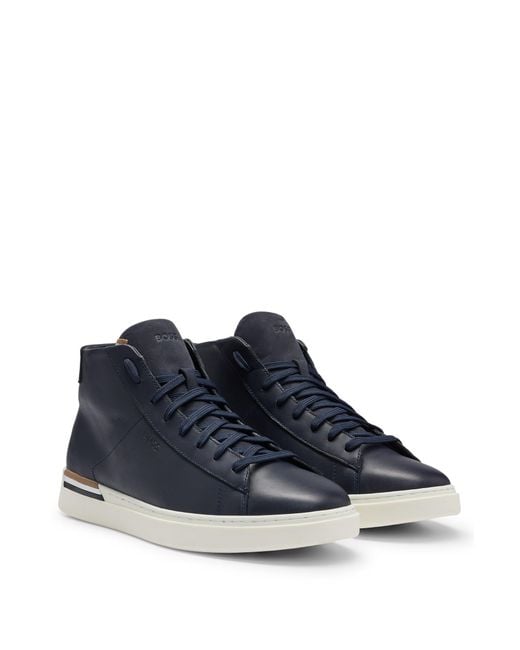 Boss Blue Leather High-top Trainers With Signature-stripe Sole for men